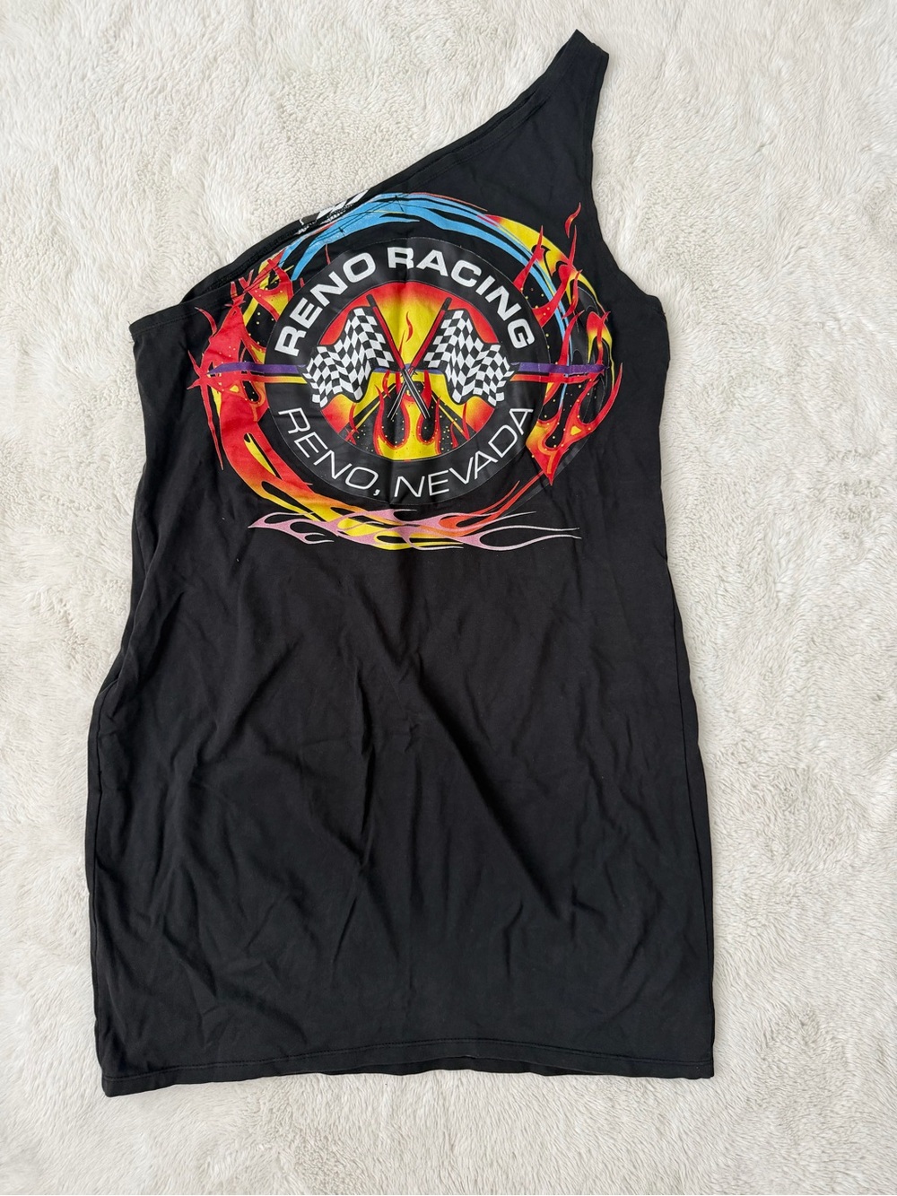 Forever 21 Gray One-Shoulder Dress Reno Racing Tank with Multicolor Flame Graphi